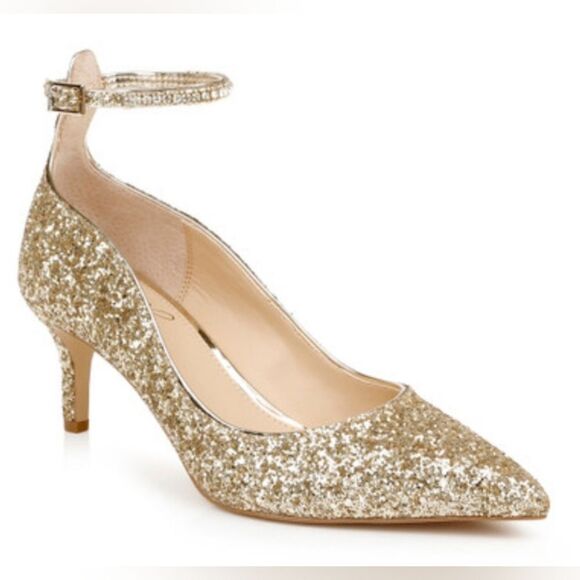 Jewel Badgley Mischka Jamila Ankle Strap Kitten Heel NWOT size 7 Gold Glitter - Picture 1 of 6